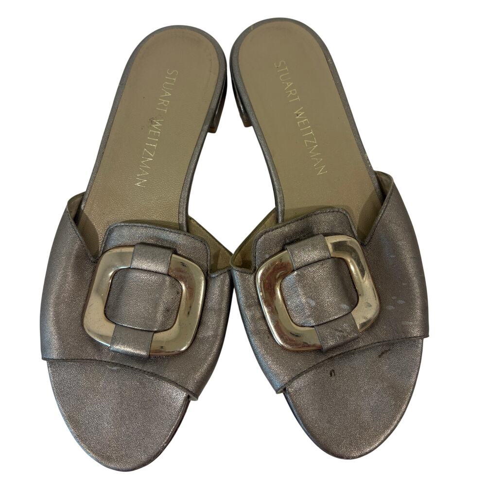 Stuart Weitzman Gold Square Buckle Slide On Sandel Size 7